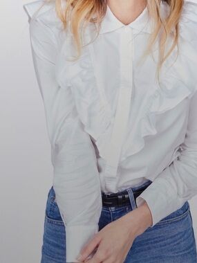 Women's White Ruffle Button-Down Shirt